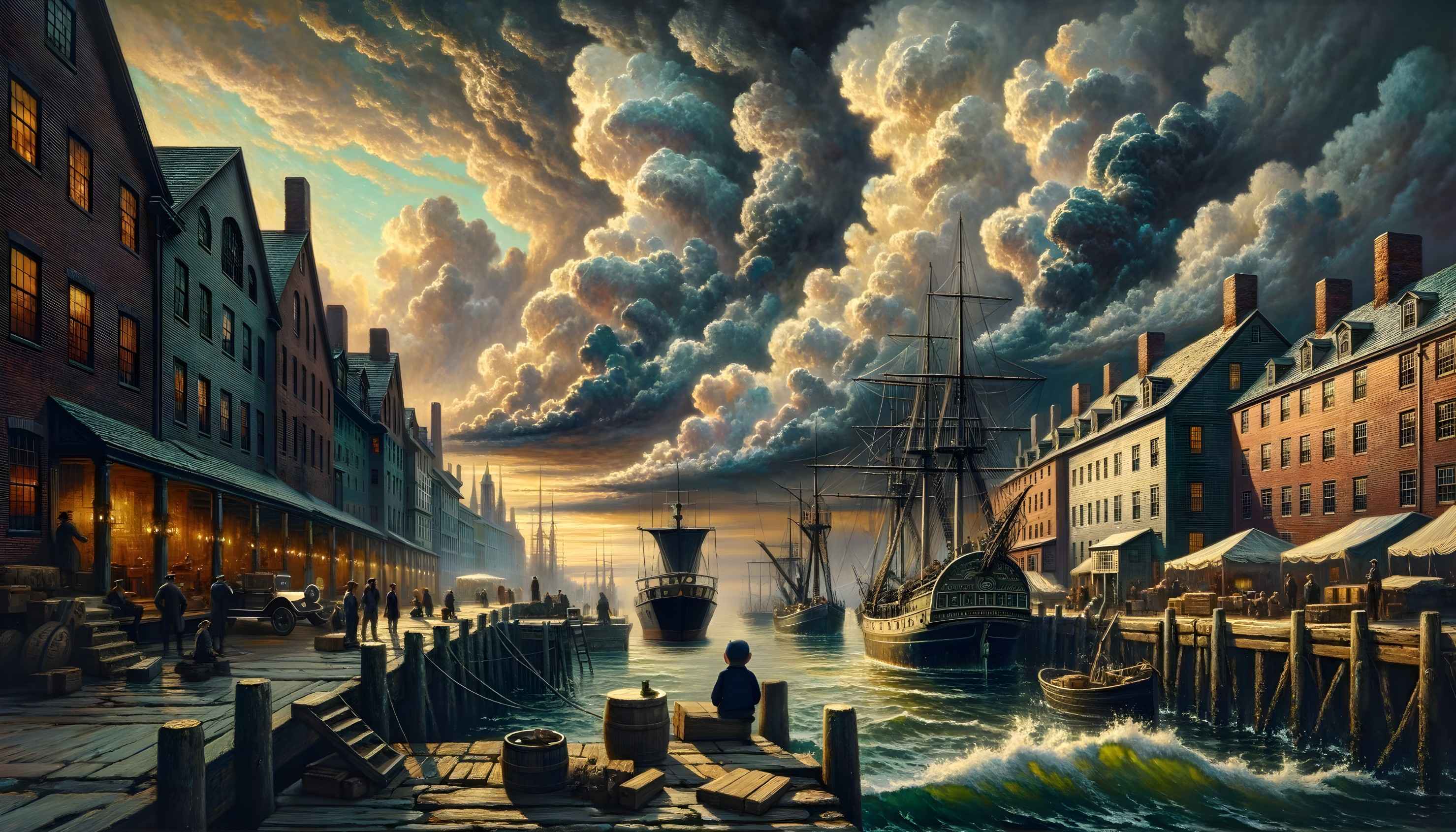 Bustling Harbor Scene at Dusk with Tall Ships