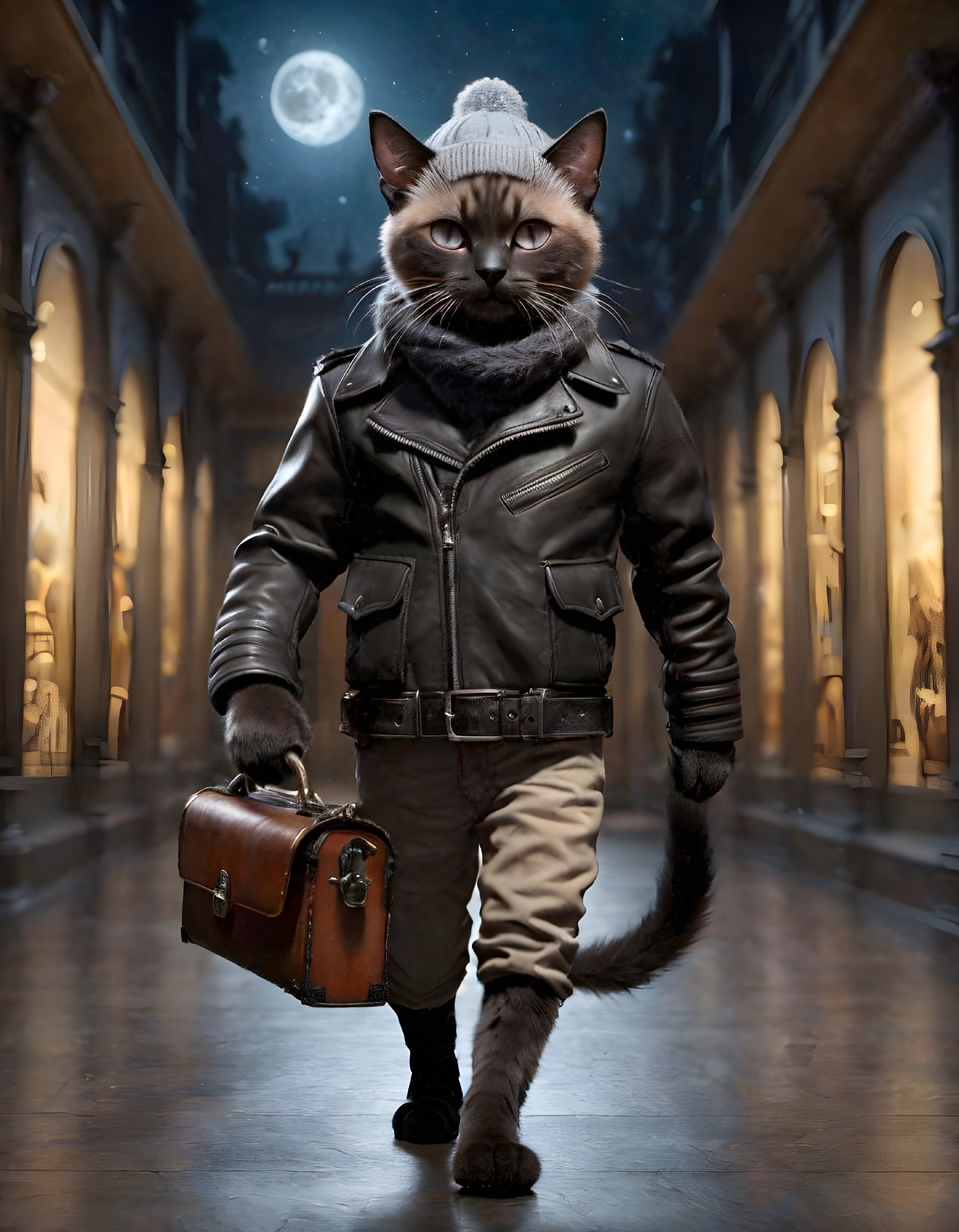 Cat in Leather Jacket Walking with Briefcase at Night