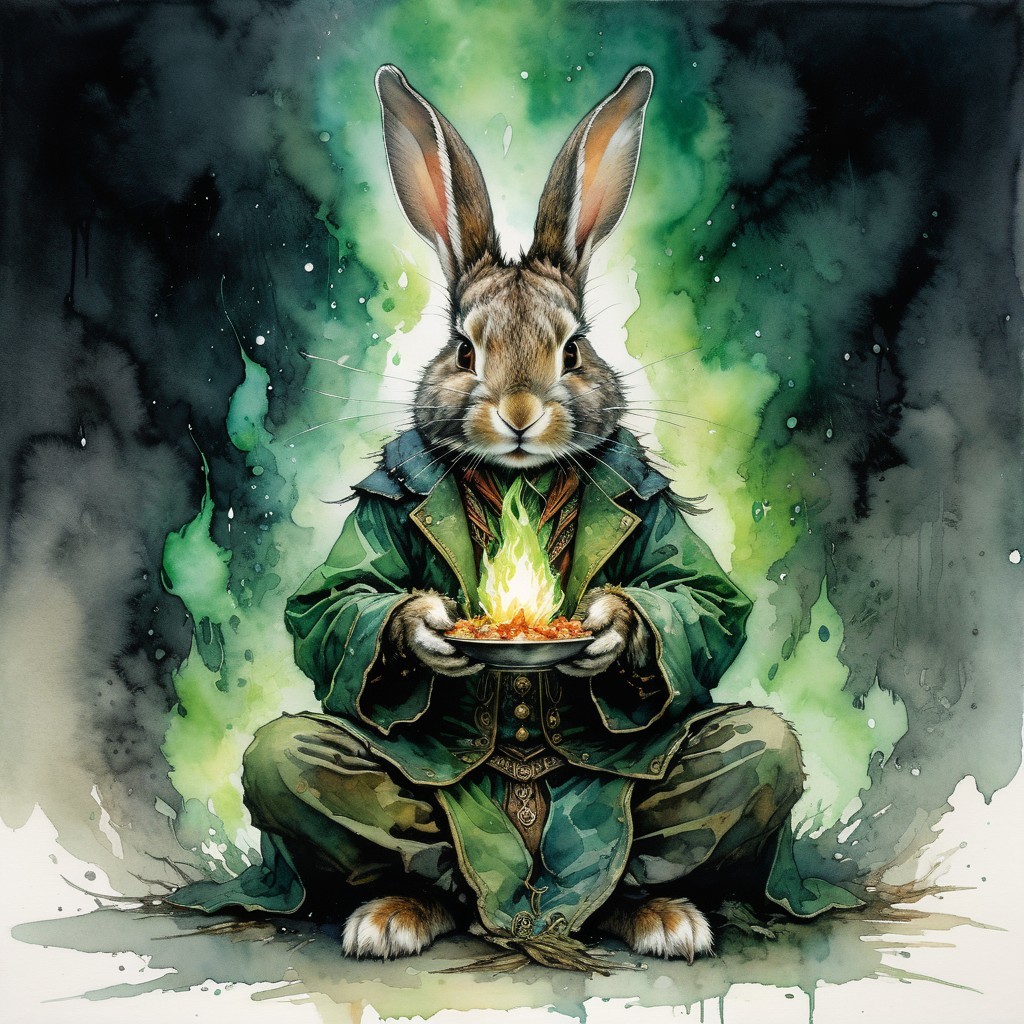 Whimsical rabbit in green cloak with mystical background