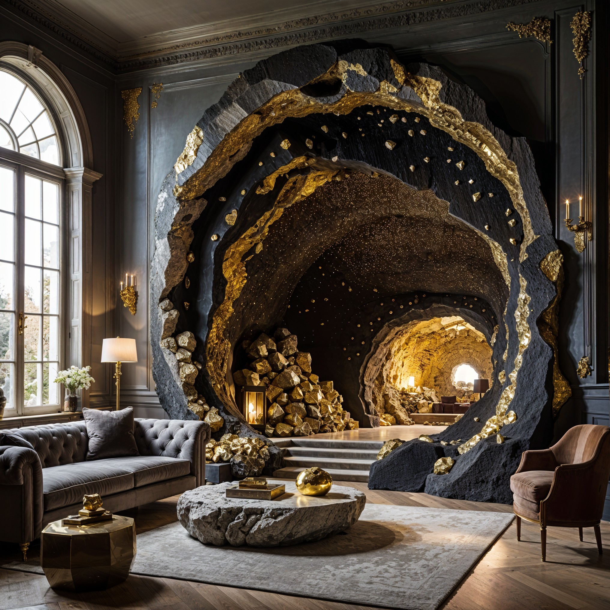 Luxurious Cave-Inspired Interior with Gold Accents