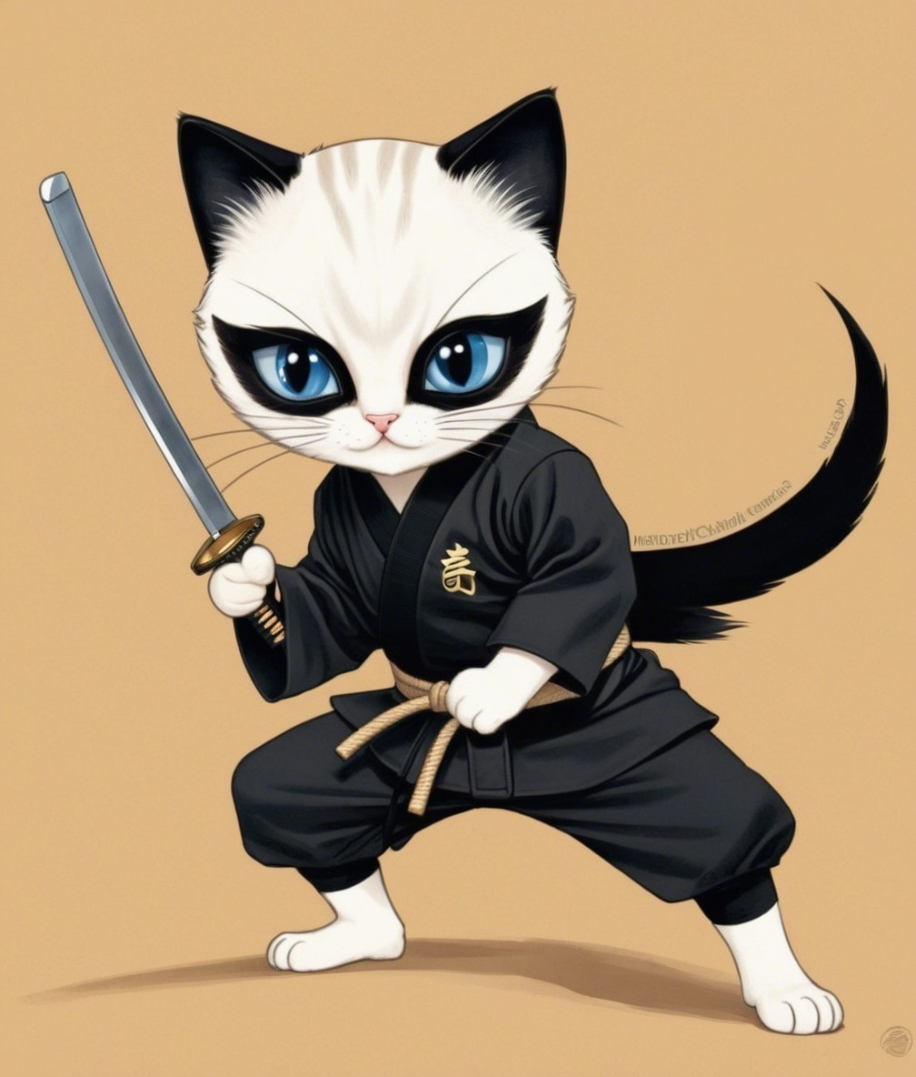Cartoon Cat in Karate Uniform with Katana and Blue Eyes