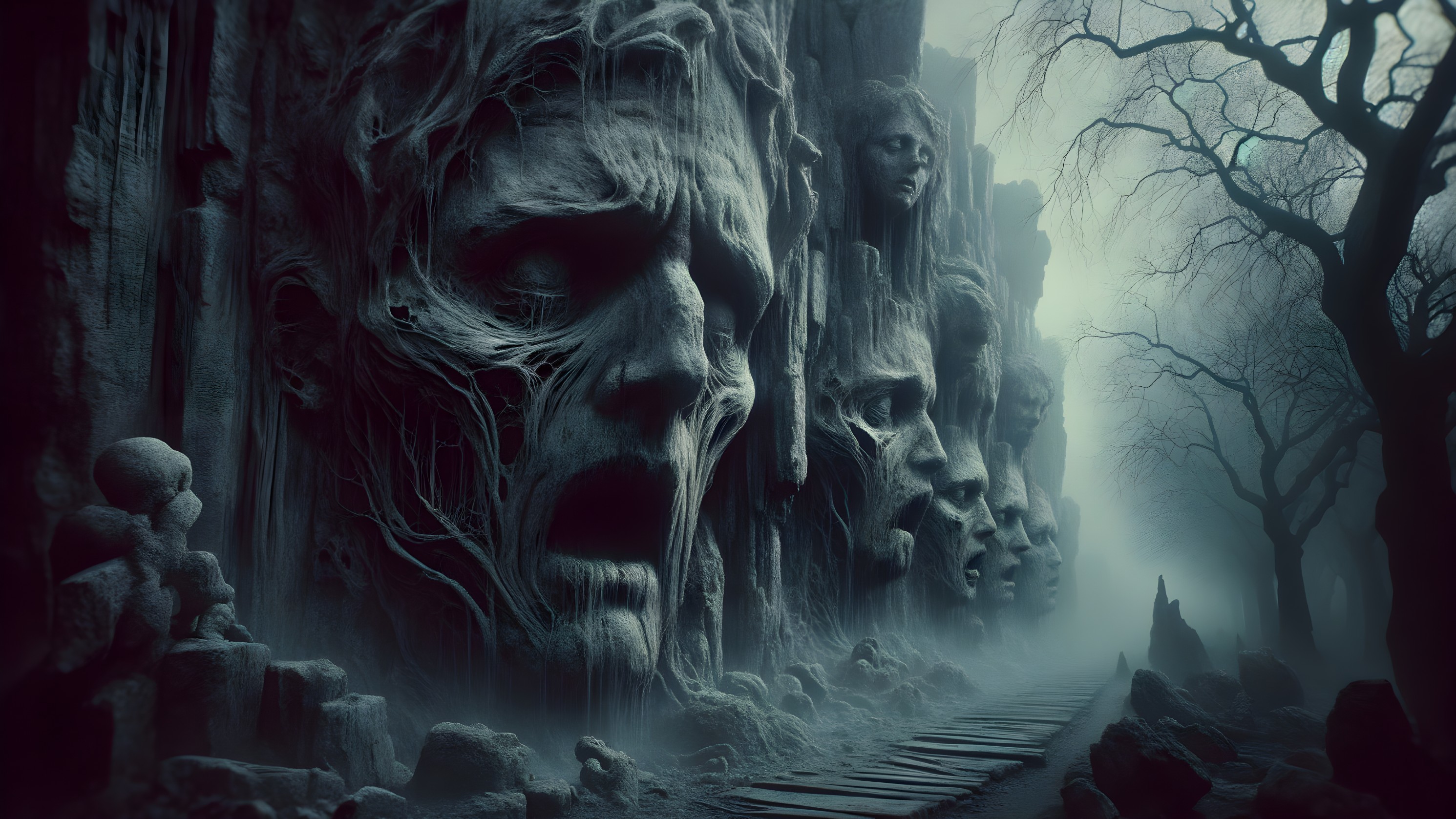 Eerie Landscape with Carved Faces and Misty Atmosphere