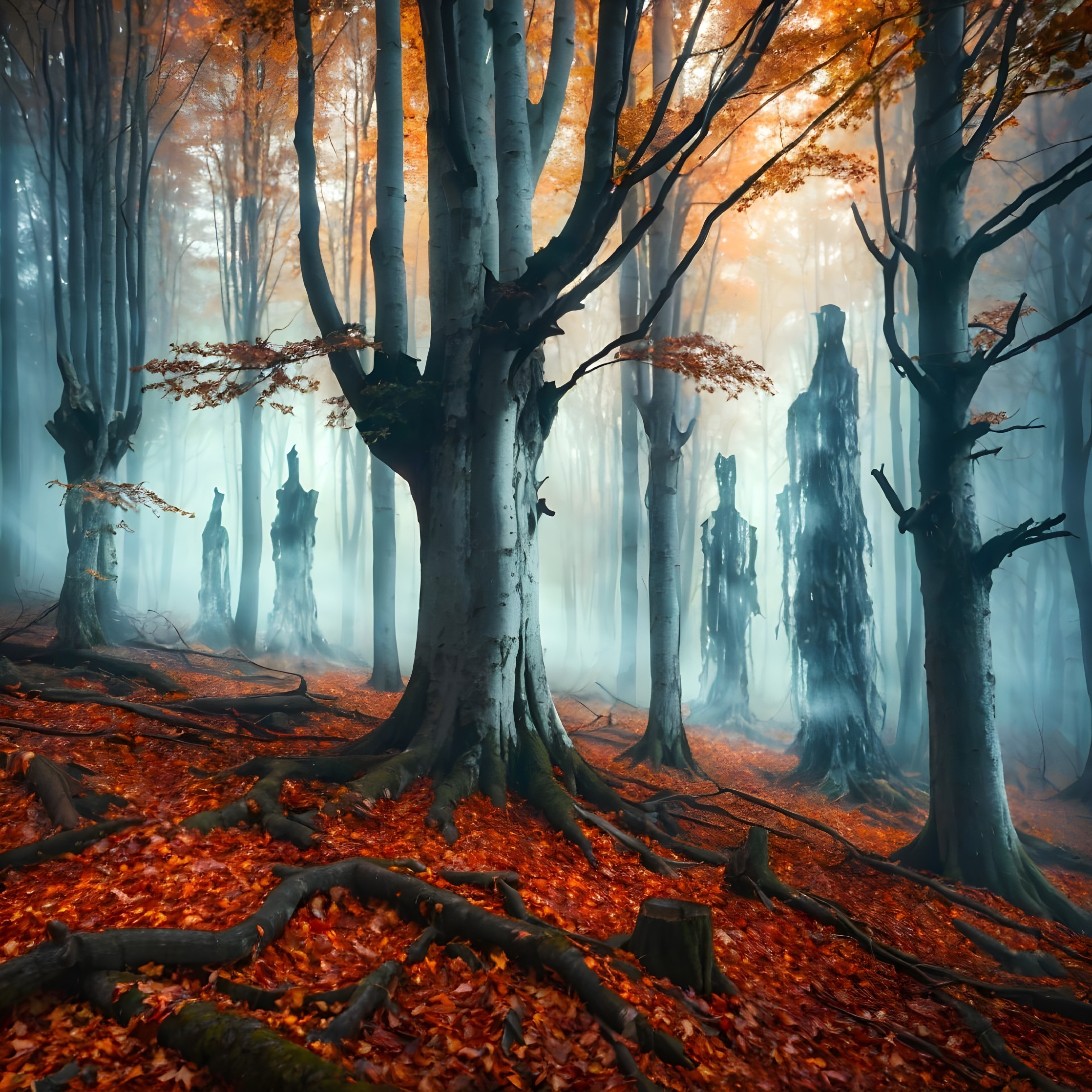 Mystical Forest with Fog and Autumn Colors