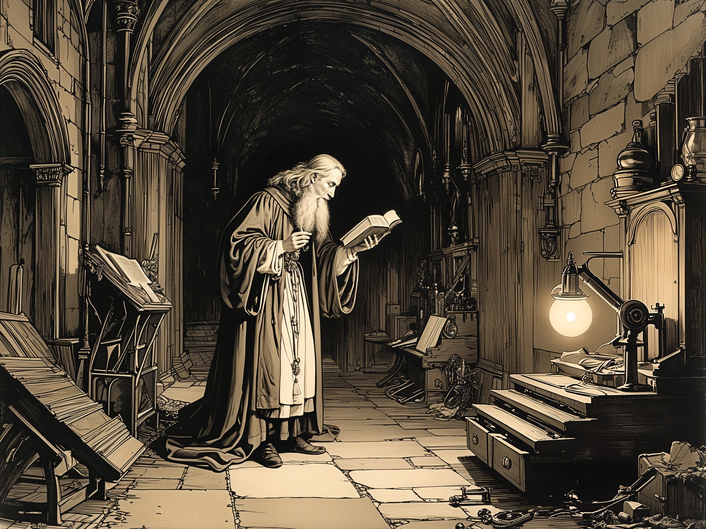 Medieval Library Scene with Scholar and Ancient Book