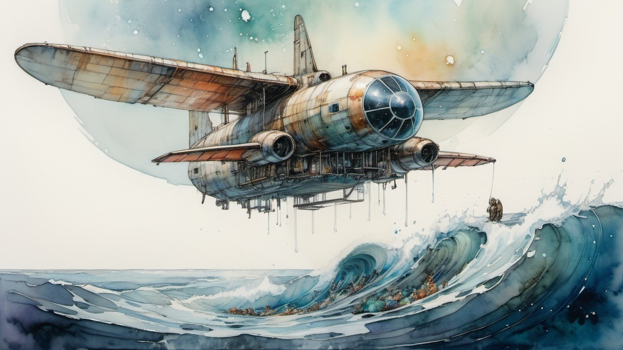 Fantastical aircraft above turbulent ocean waves