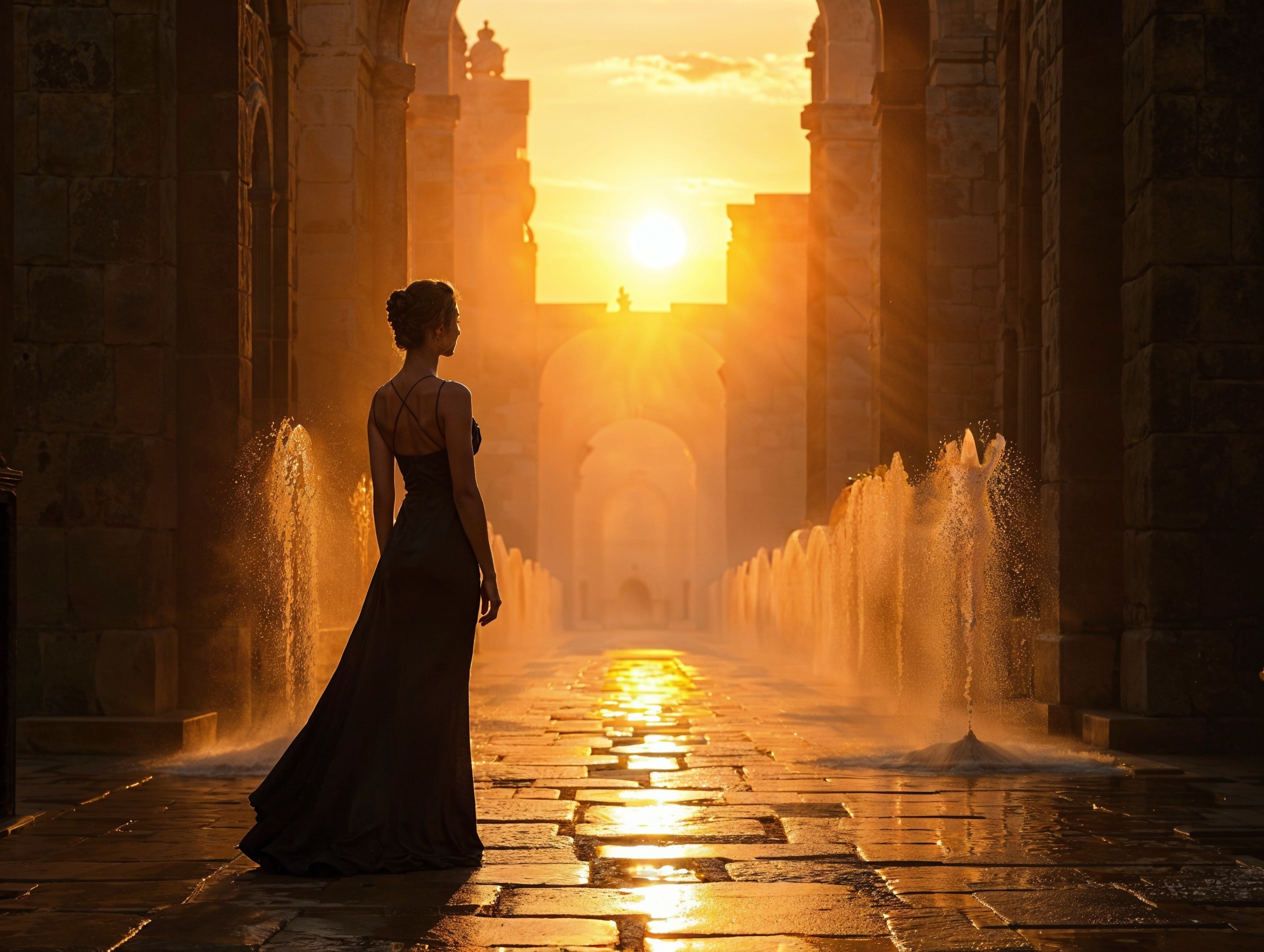 Silhouette of Woman in Black Gown at Sunset Scene
