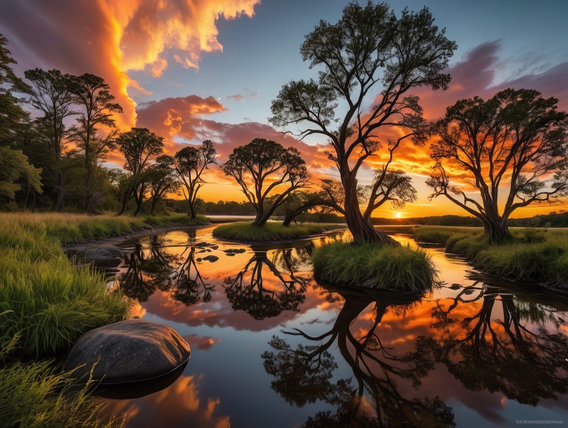 Tranquil River at Sunset with Lush Landscape Details
