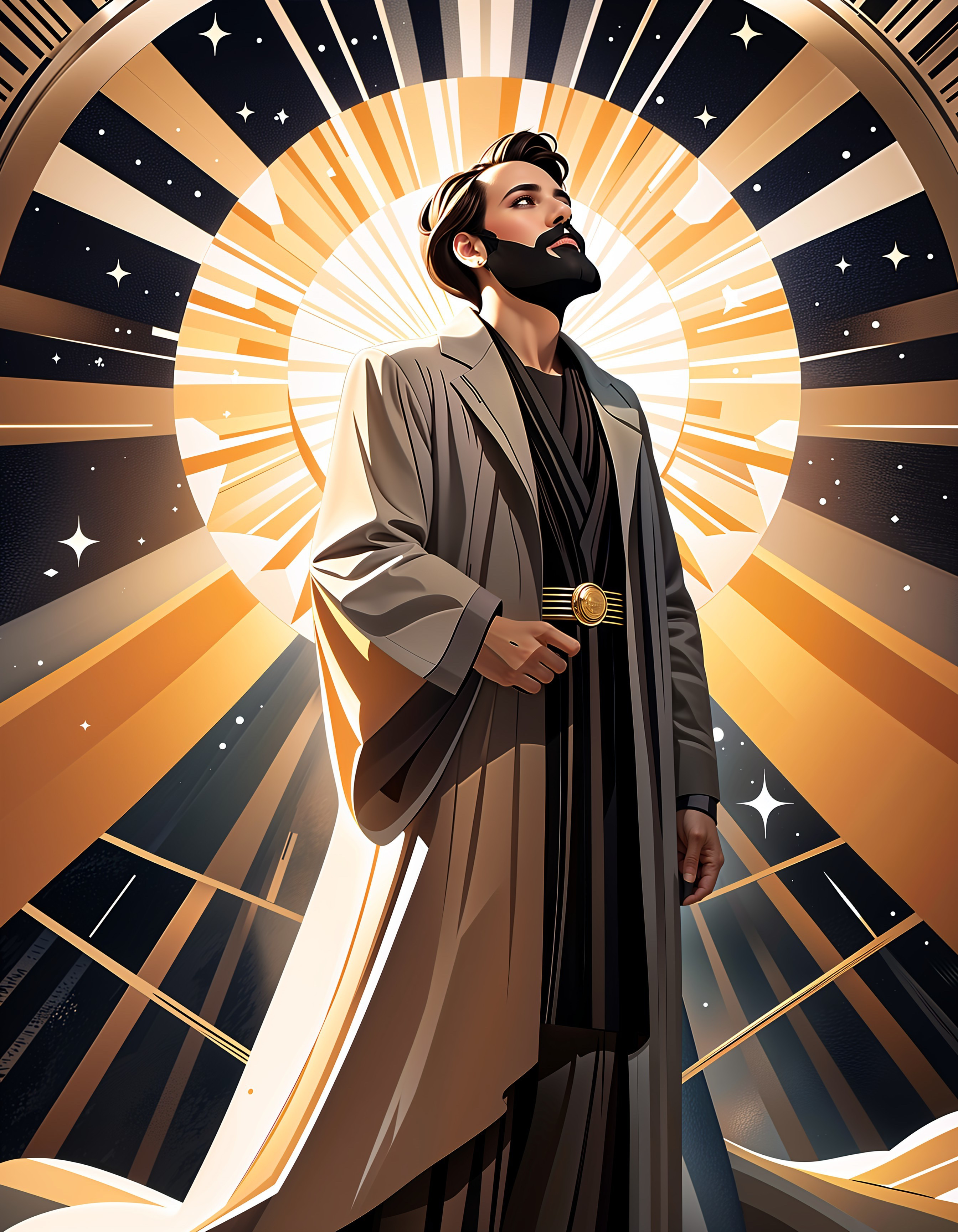 Stylized figure in flowing robe with radiant backdrop