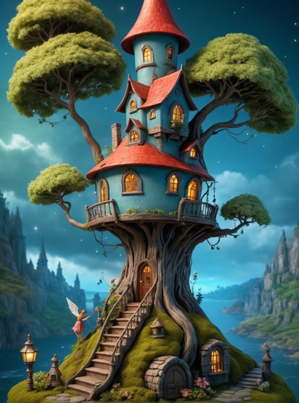 Whimsical Treehouse with Vibrant Colors and Scenic Views