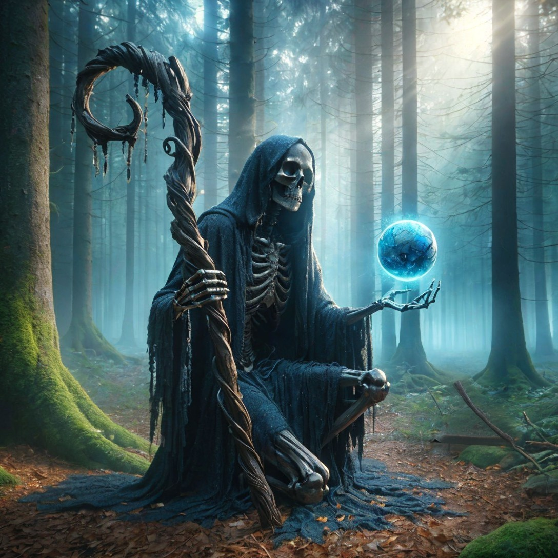 Skeletal Figure with Glowing Orb in Mystical Forest