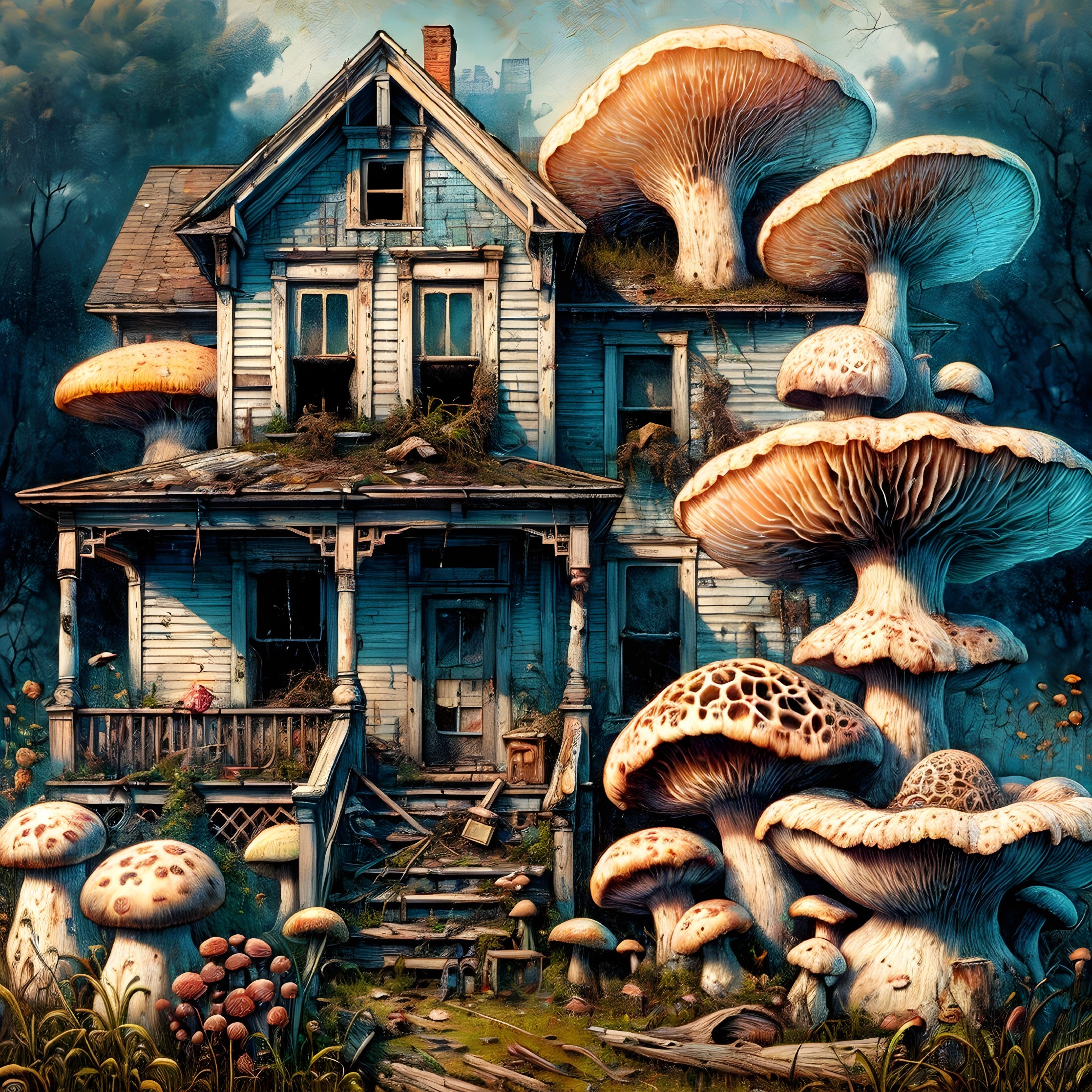 Abandoned House Surrounded by Oversized Mushrooms