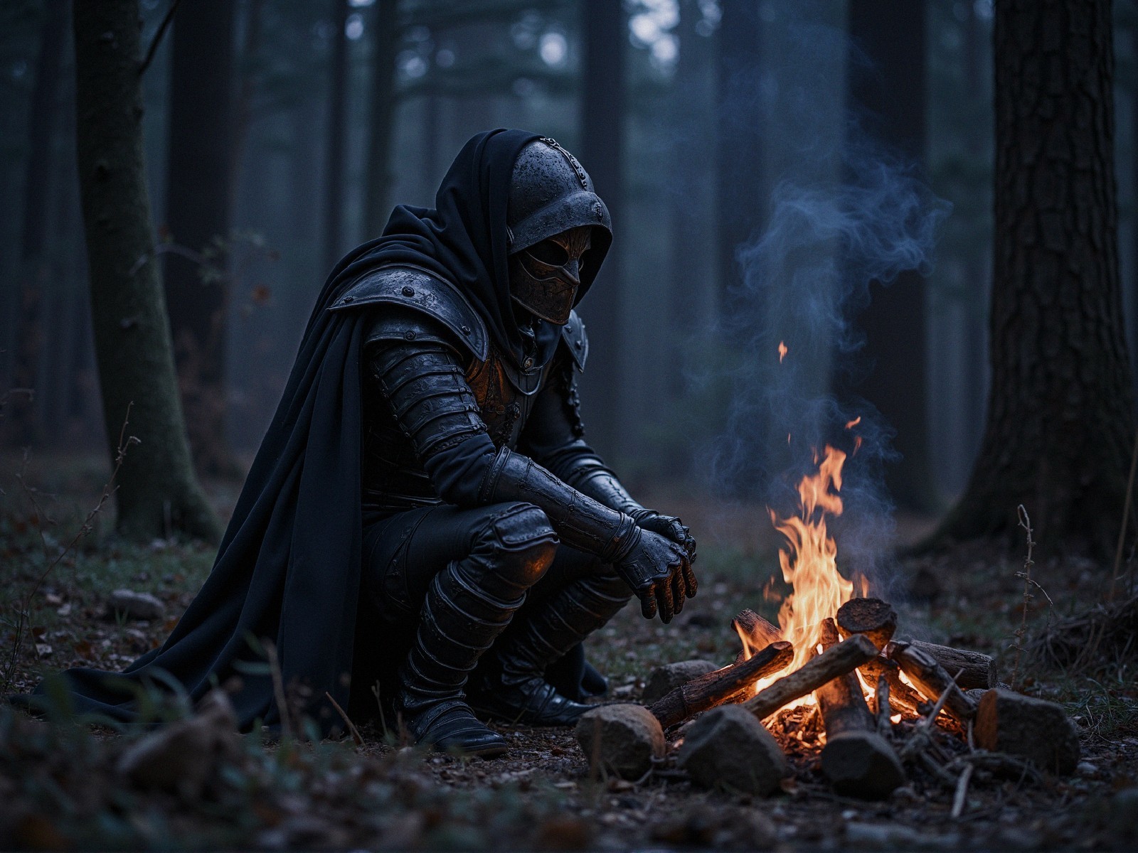 Armored Figure by Campfire in Misty Forest Setting