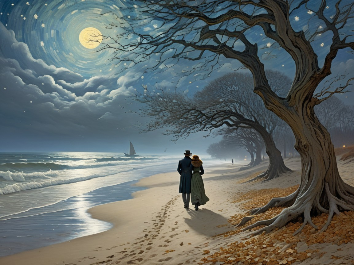 Serene Beach Scene with Starry Night Sky and Couple
