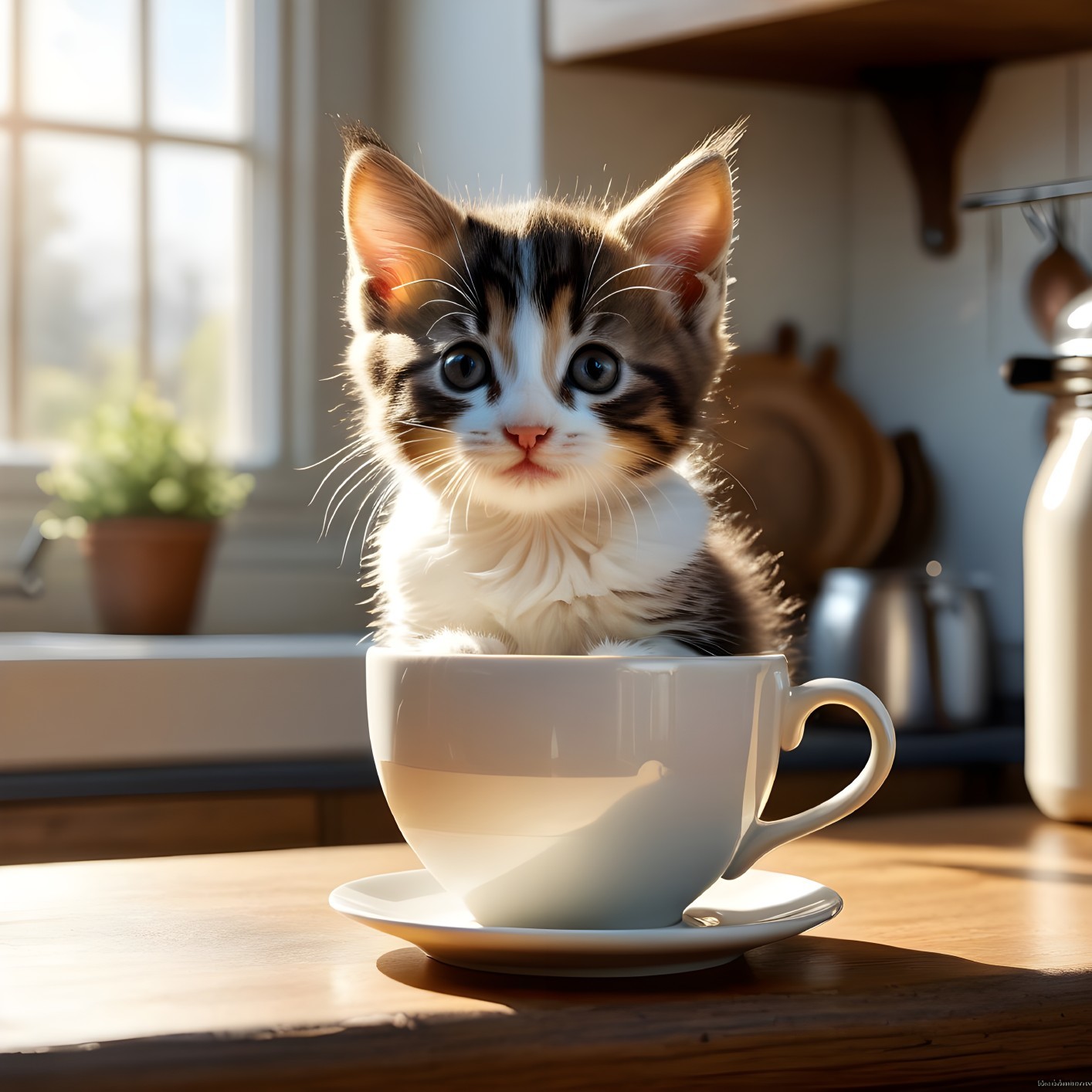 Fluffy Kitten in Teacup Amid Cozy Kitchen Setting