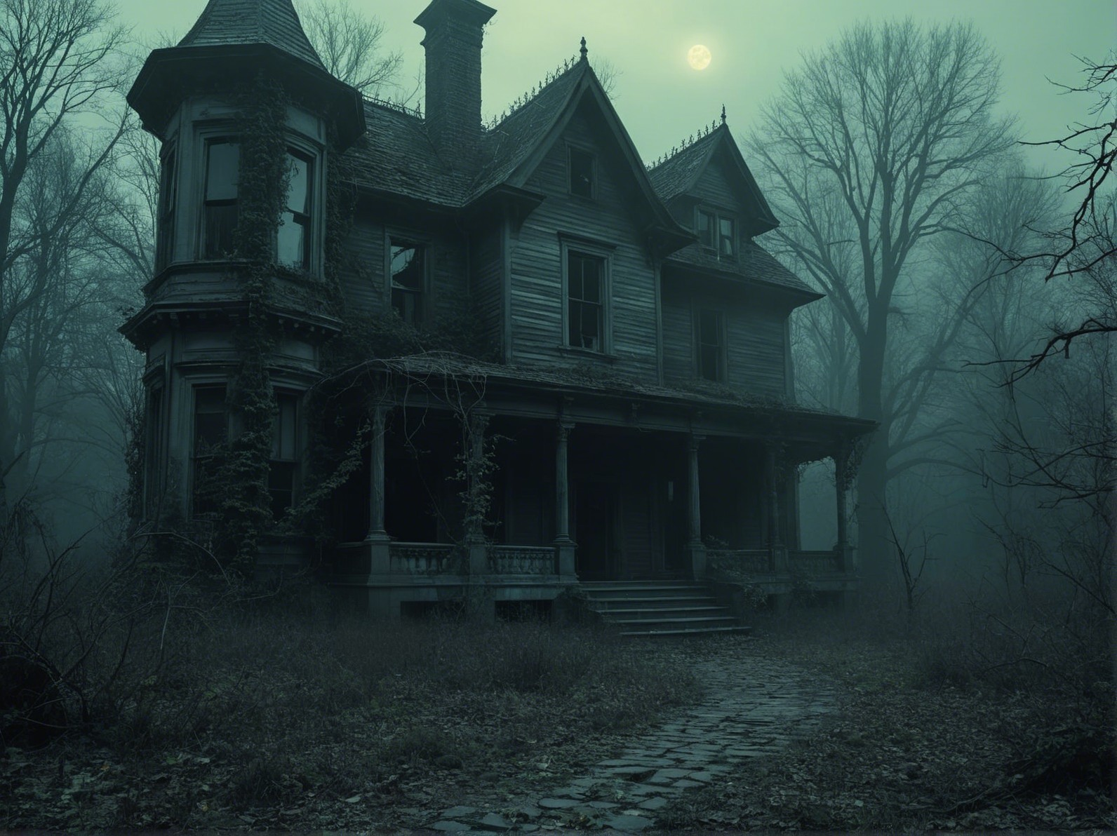 Haunted Victorian Mansion Surrounded by Eerie Mist