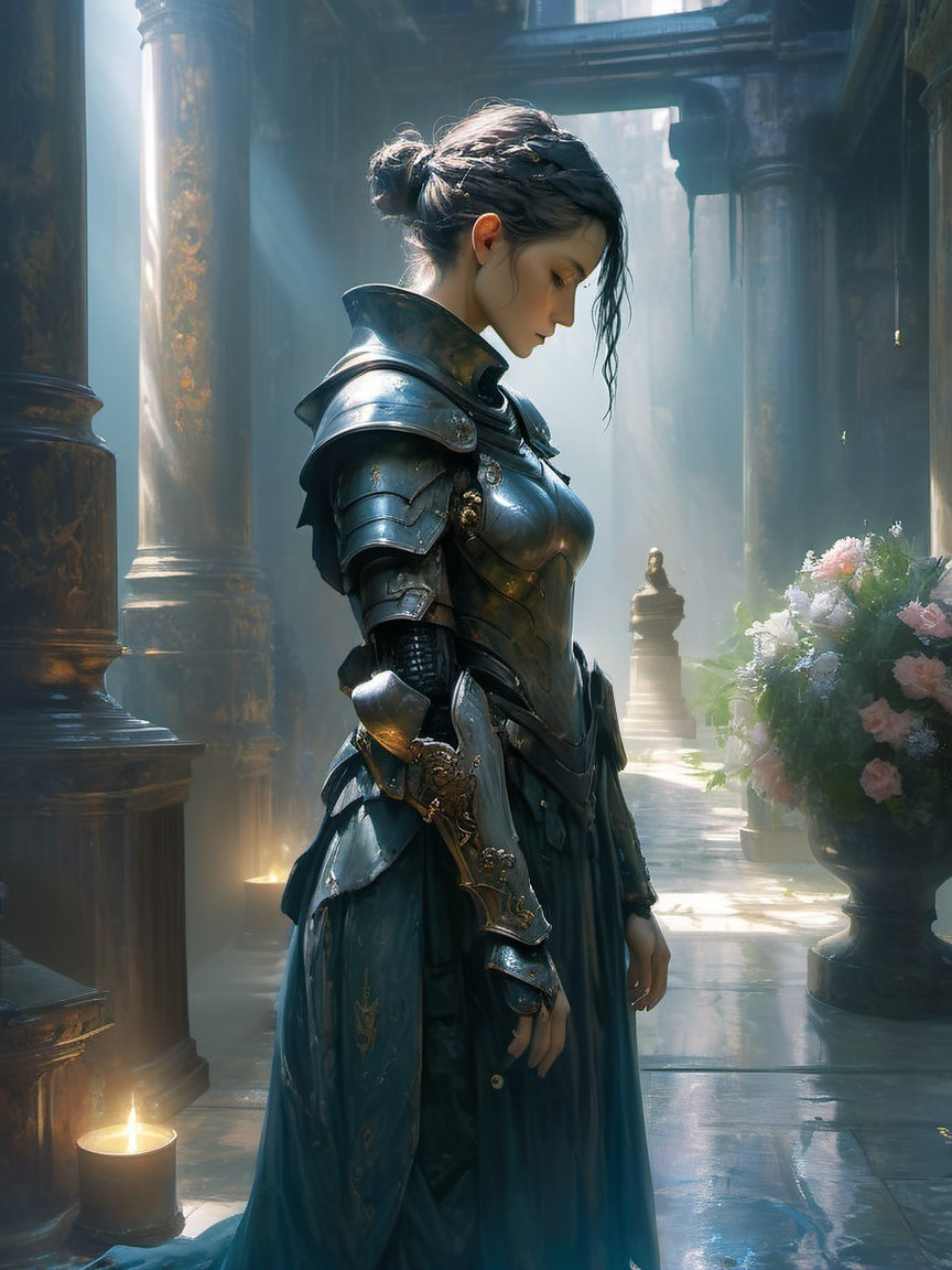 Woman in ornate armor in an ancient, lit hall
