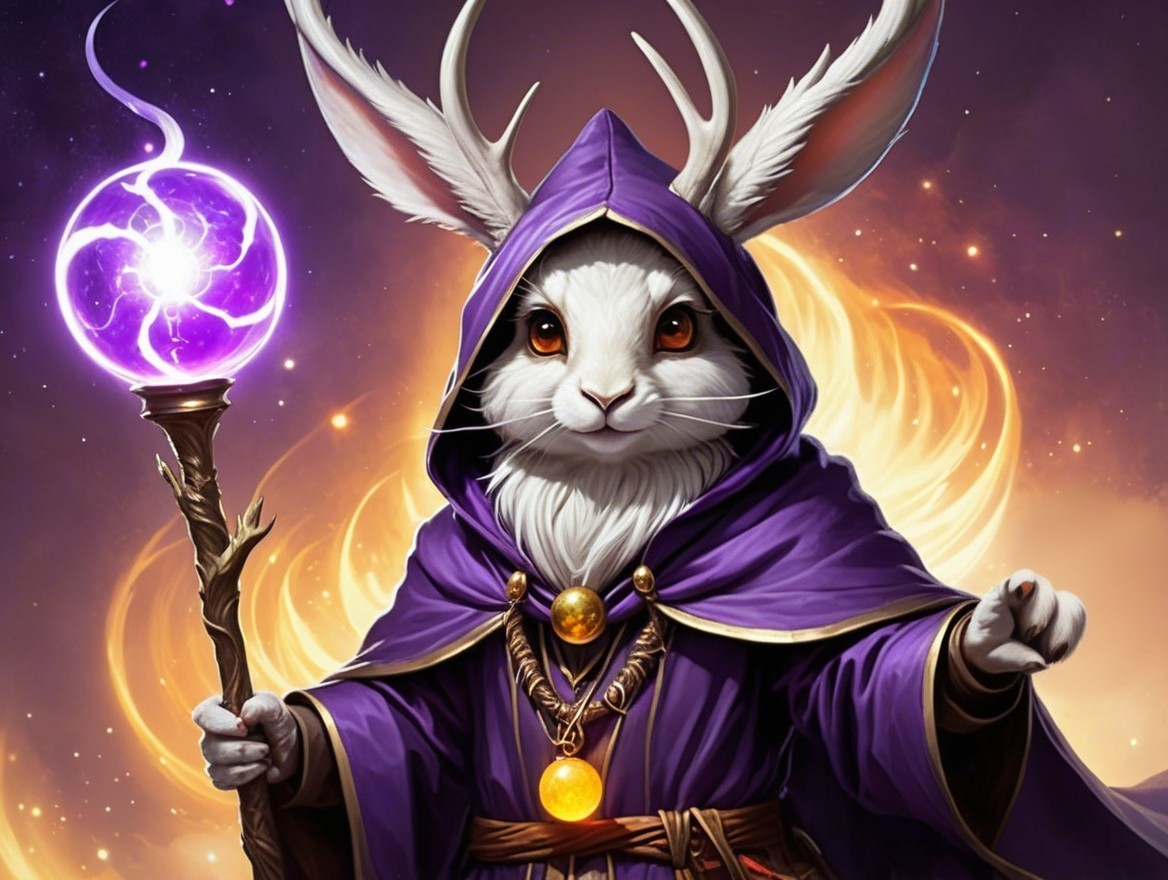 Mystical white rabbit sorcerer in purple robe and staff