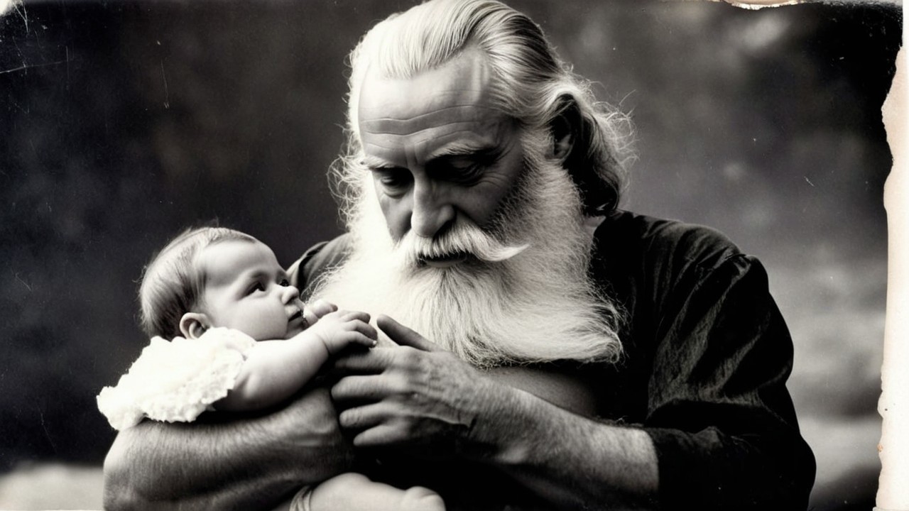 Elderly Man and Baby in Tender Black and White Photo