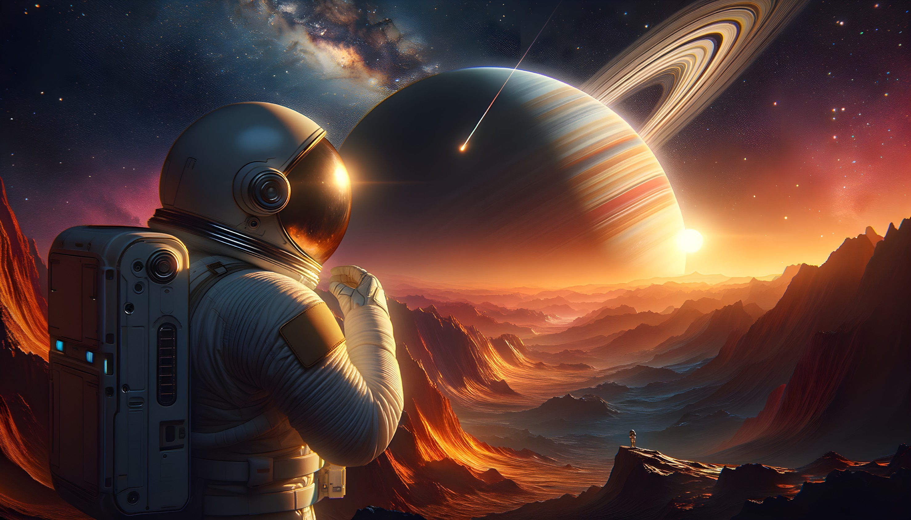 Astronaut on Alien Landscape with Saturn's Rings