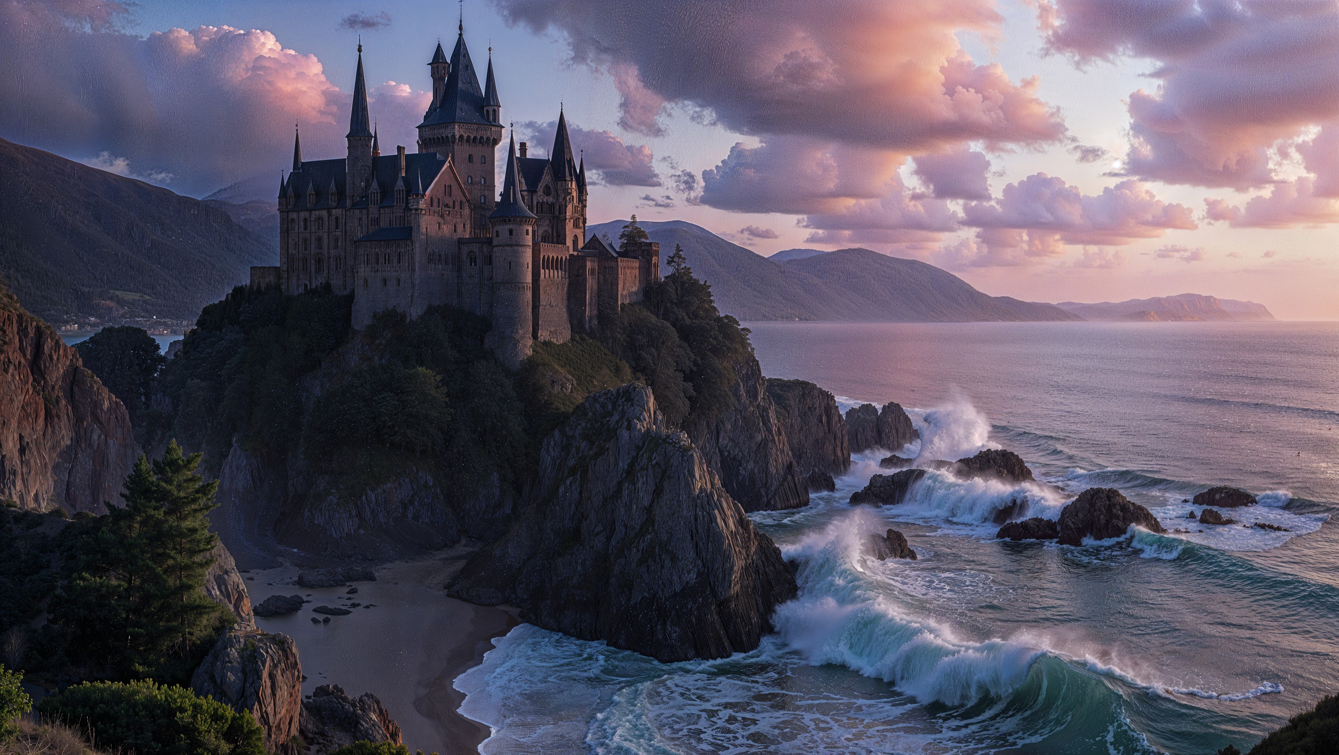 Castle on Cliffs Overlooking Vibrant Coastline Sunset