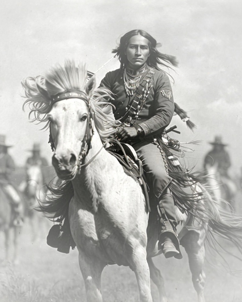 Native American Warrior on White Horse in Motion