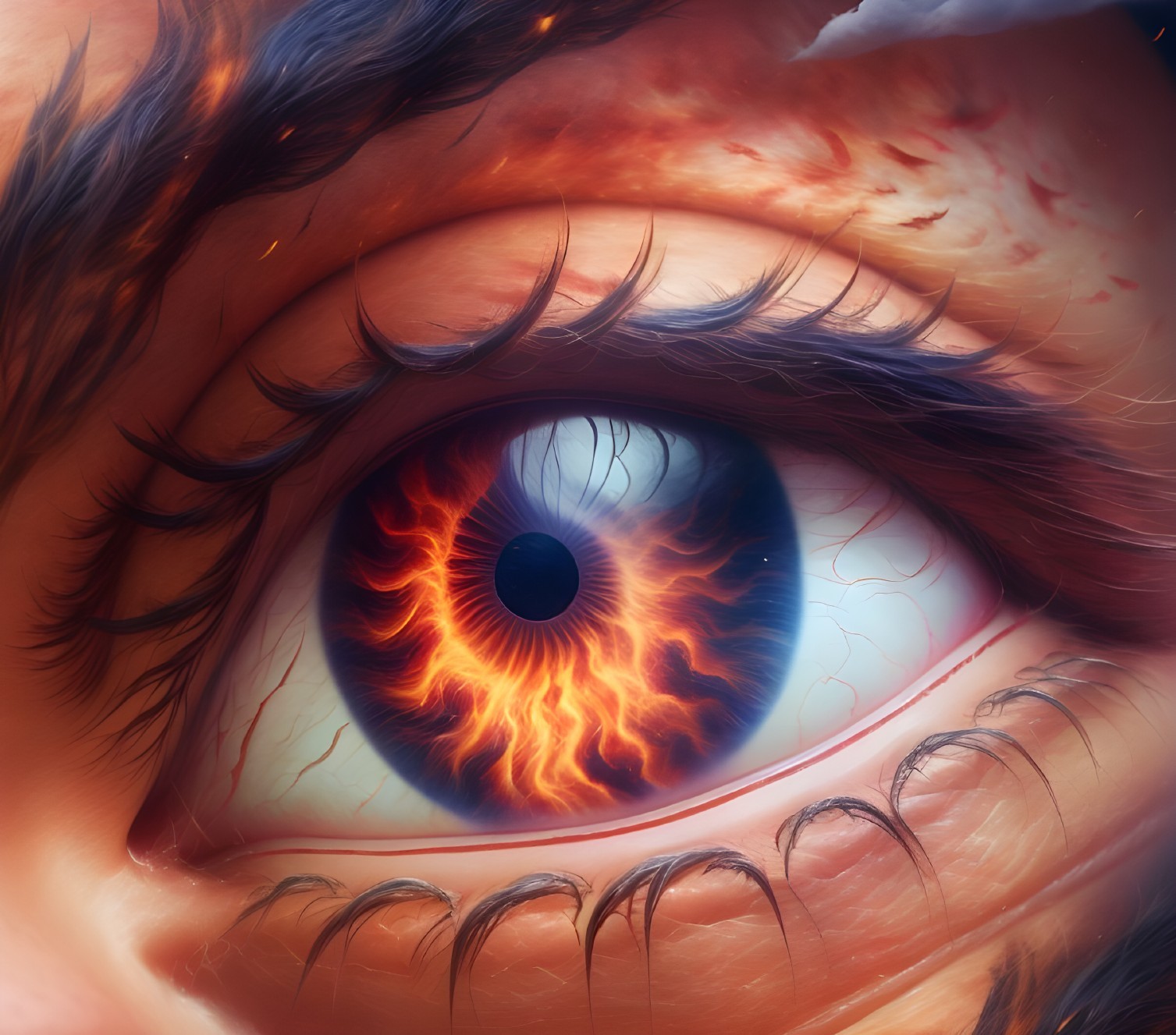 Detailed Human Eye with Fiery Orange Iris and Textures