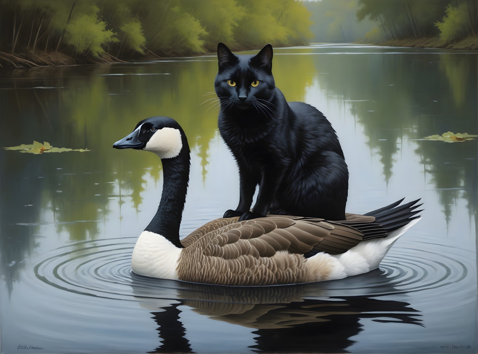 Black Cat on Canada Goose in Serene River Scene