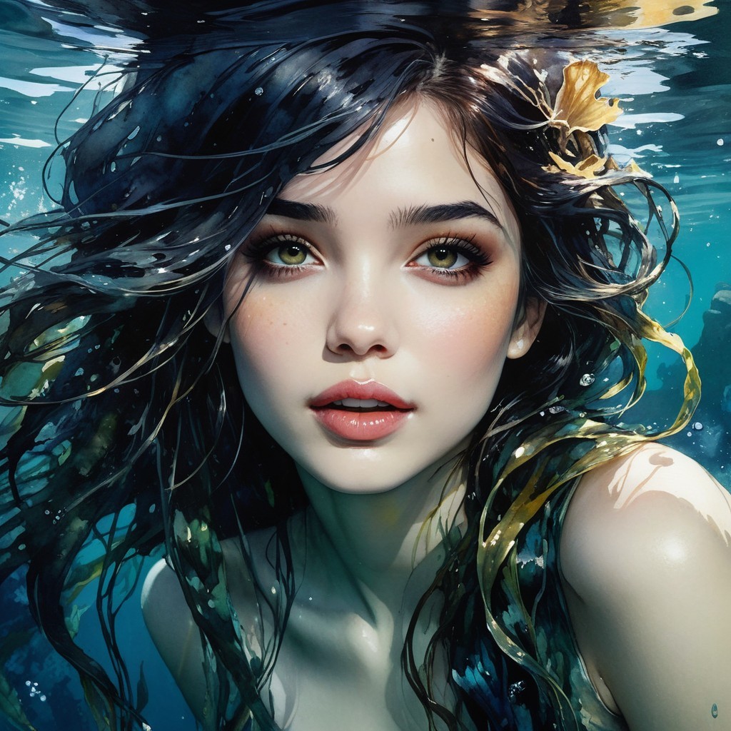 Underwater Portrait of a Young Woman with Seaweed