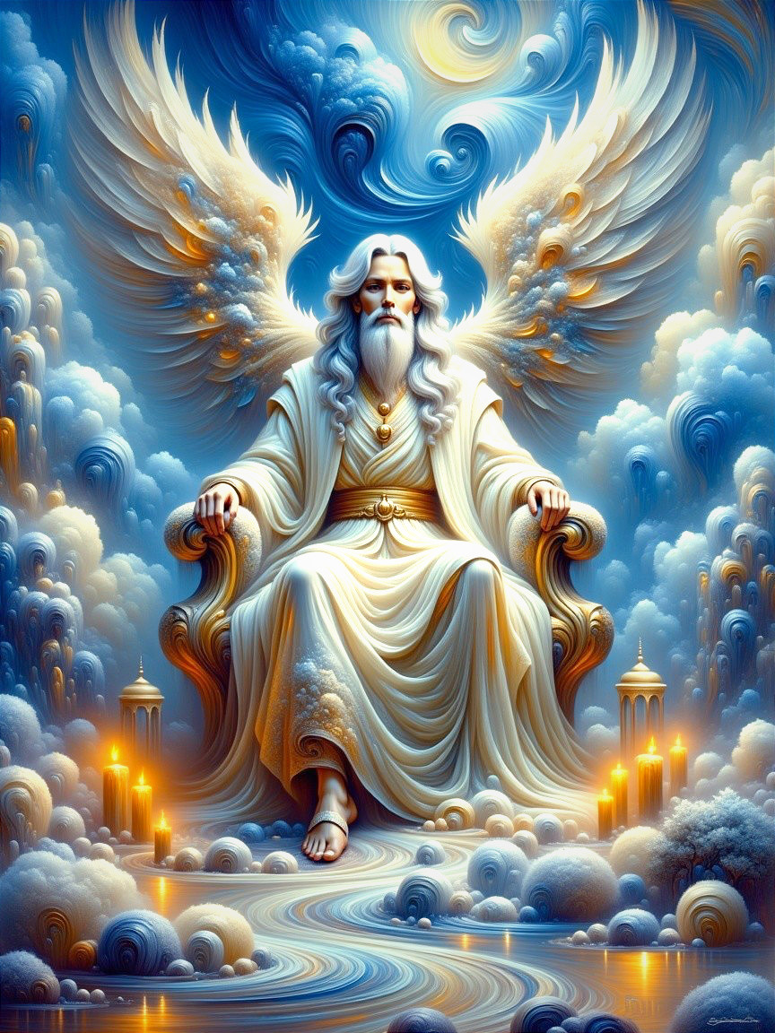 Majestic figure with wings seated on a grand throne