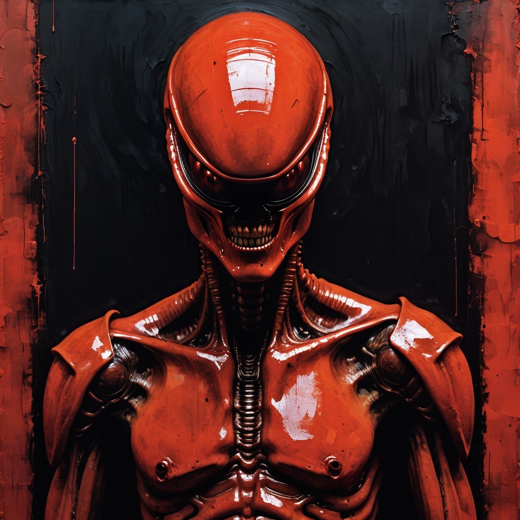 Surreal Figure with Red Exoskeleton in Dark Background