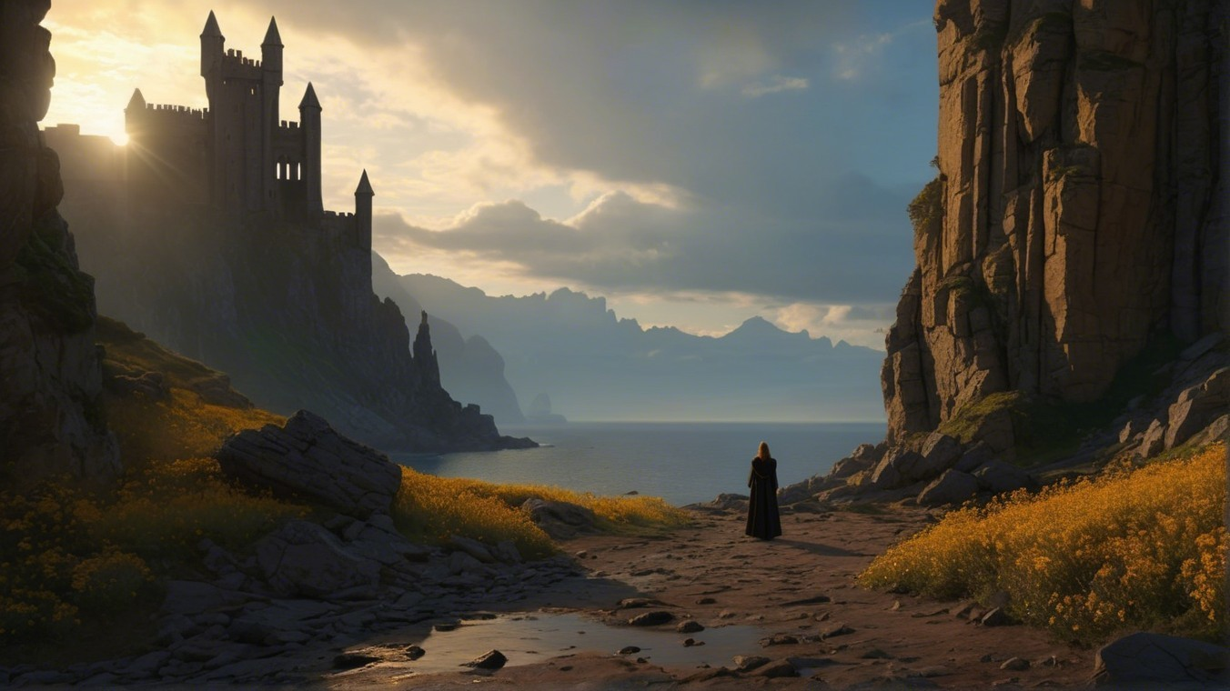 Lone Figure Overlooking Sea and Castle Landscape