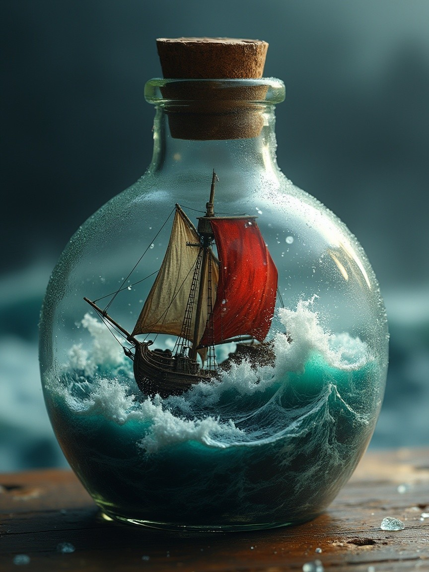 Glass Bottle with Model Ship in Stormy Sea