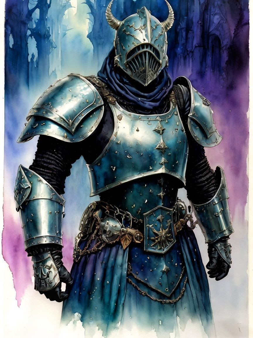 Armored Knight in Blue and Silver with Mystical Backdrop