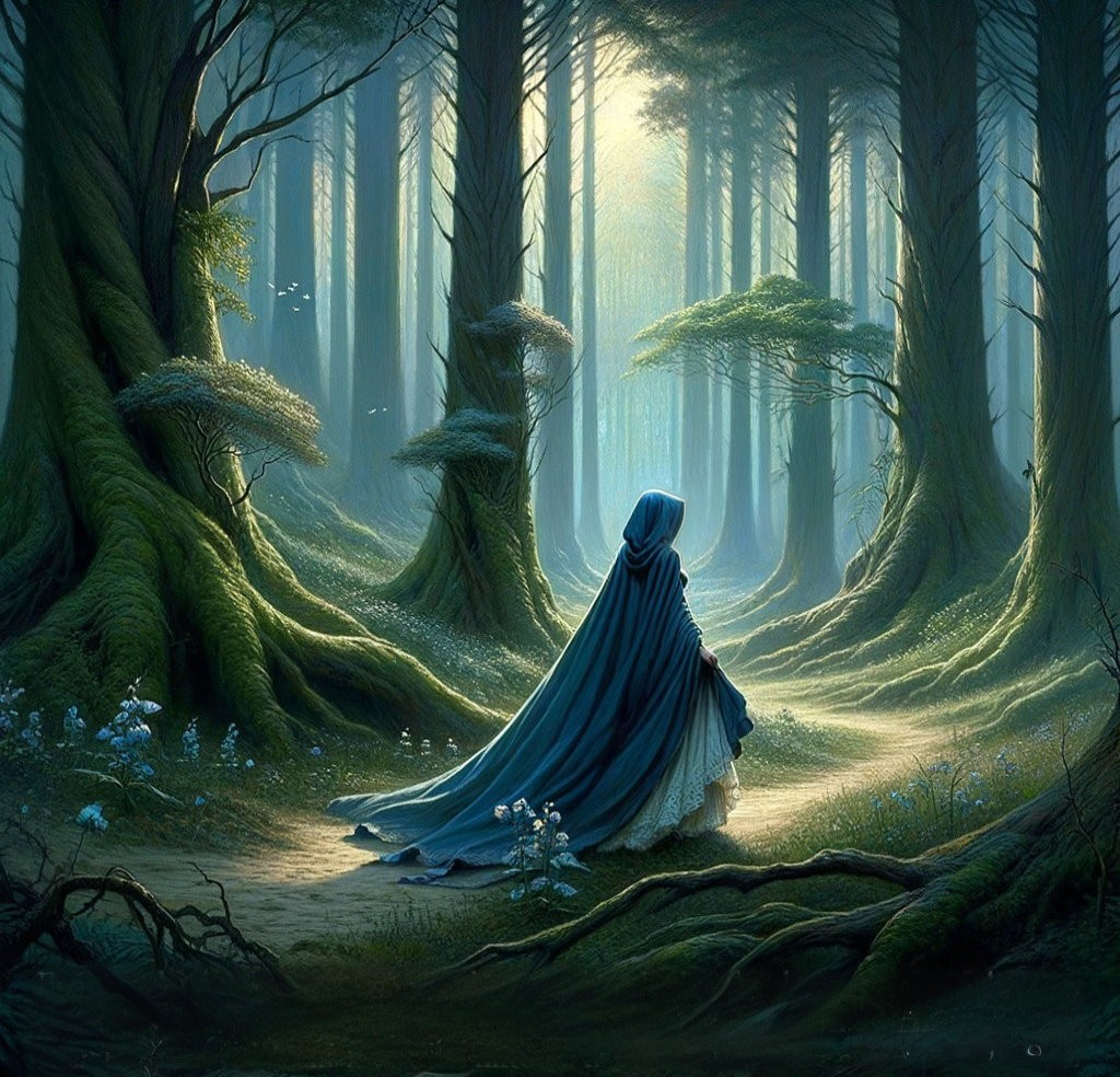 Serene forest scene with cloaked figure and flowers