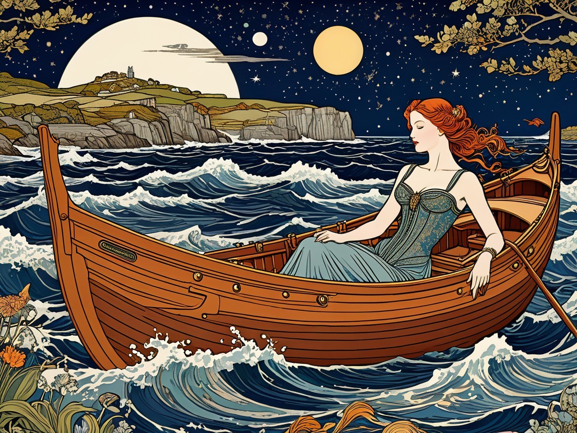 Serene Moonlit Scene with Woman in Wooden Boat