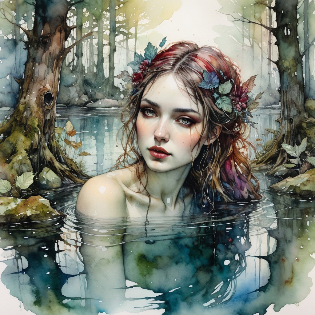 Serene Portrait of a Young Woman in Forest Pond