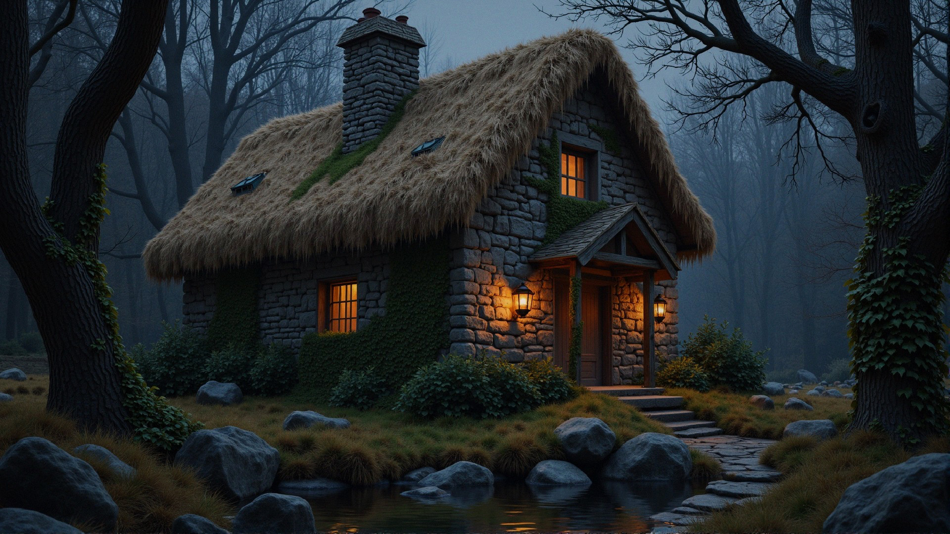 Rustic cottage in misty forest with ivy and thatched roof