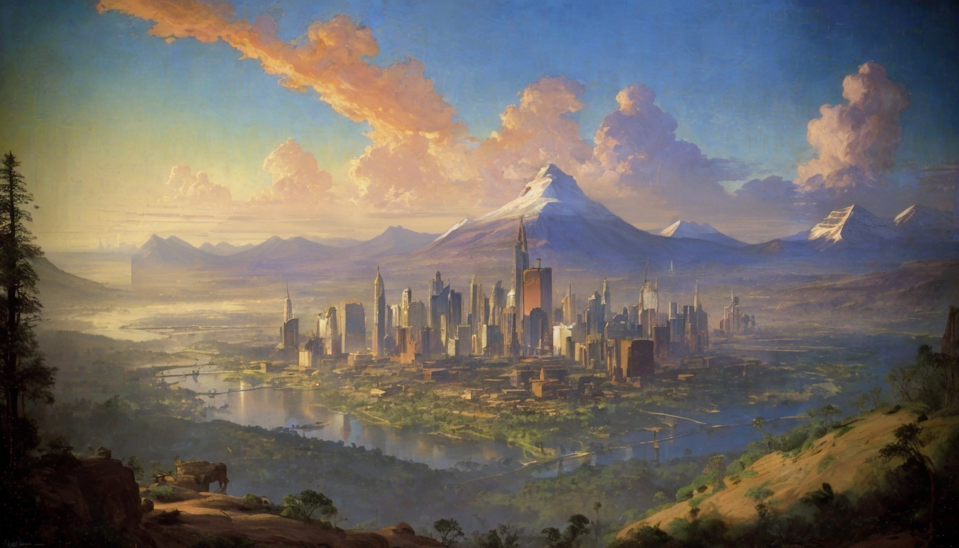 Futuristic cityscape between mountains and river at dawn