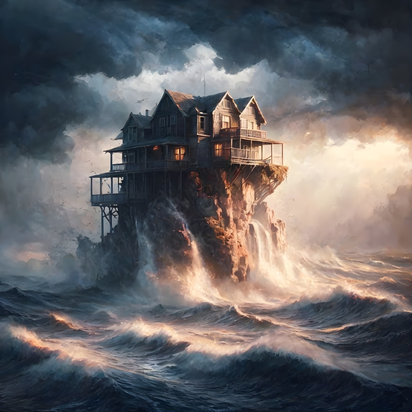 Lonely house on rocky cliff in stormy sea.
