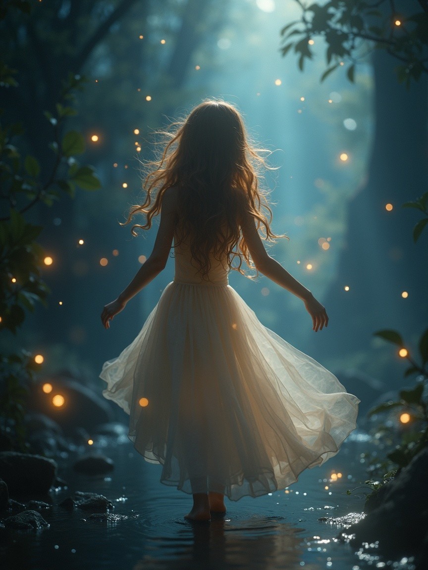 Girl in flowing dress by a serene, illuminated stream