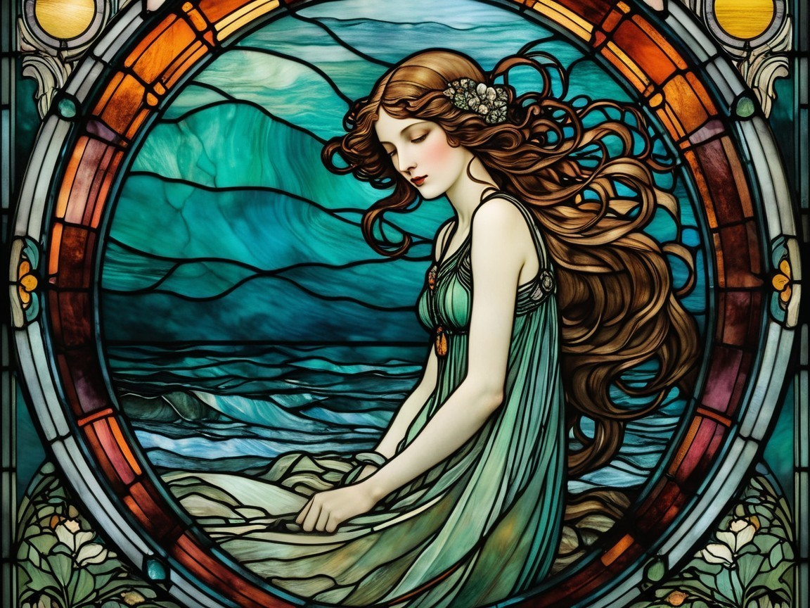 Stained Glass Artwork of Serene Woman by the Ocean