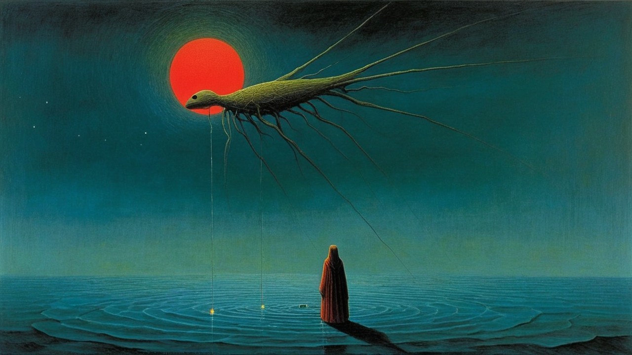 Surreal landscape with cloaked figure and glowing sun