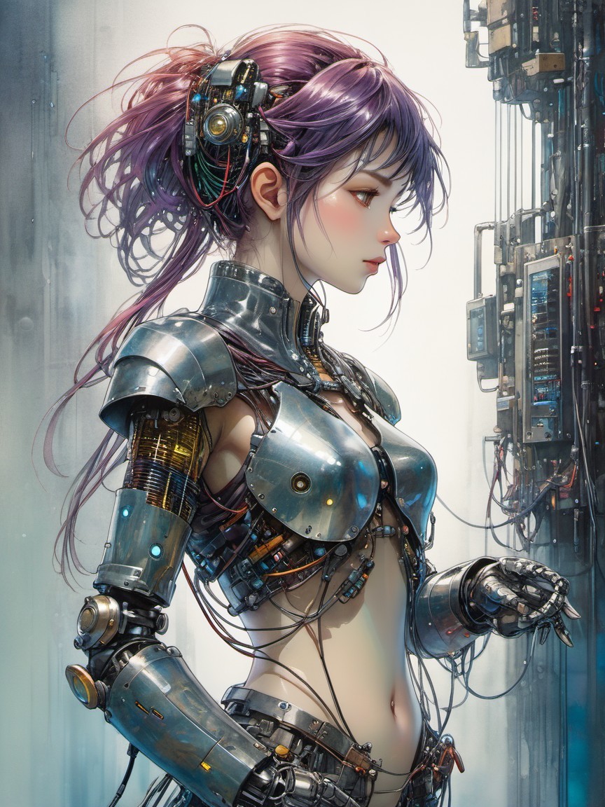 Futuristic Cybernetic Figure with Metallic Armor