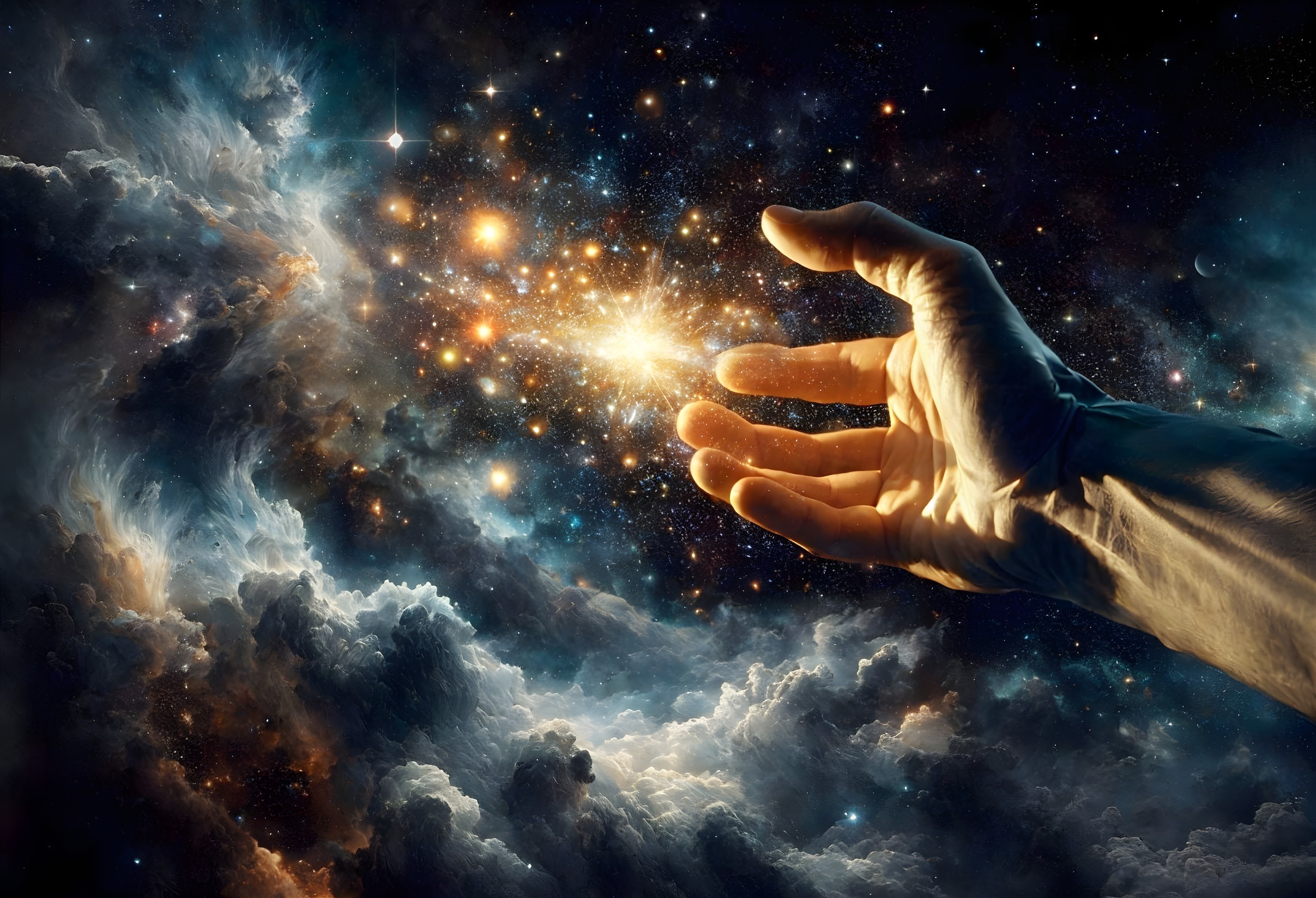 Cosmic Scene with Hand Reaching for Stars and Galaxies