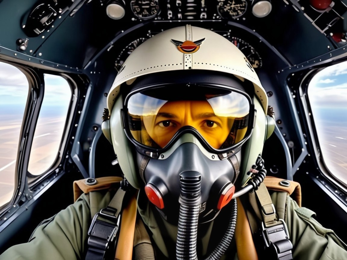 Cockpit View of Pilot with Helmet and Oxygen Mask