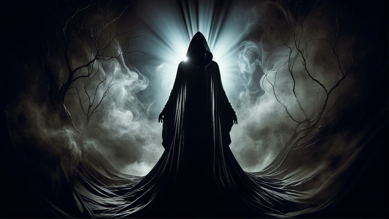 Mysterious Cloaked Figure in Ethereal Landscape