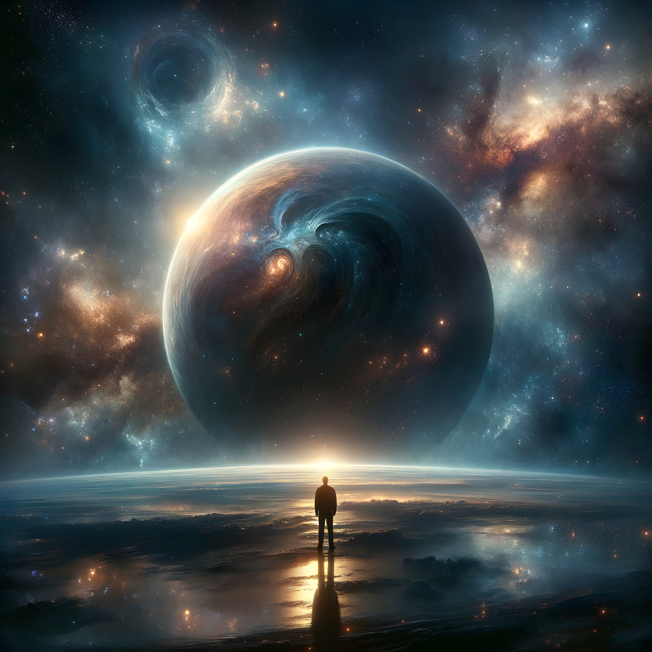 Solitary Figure Gazing at Cosmic Expanse and Galaxies