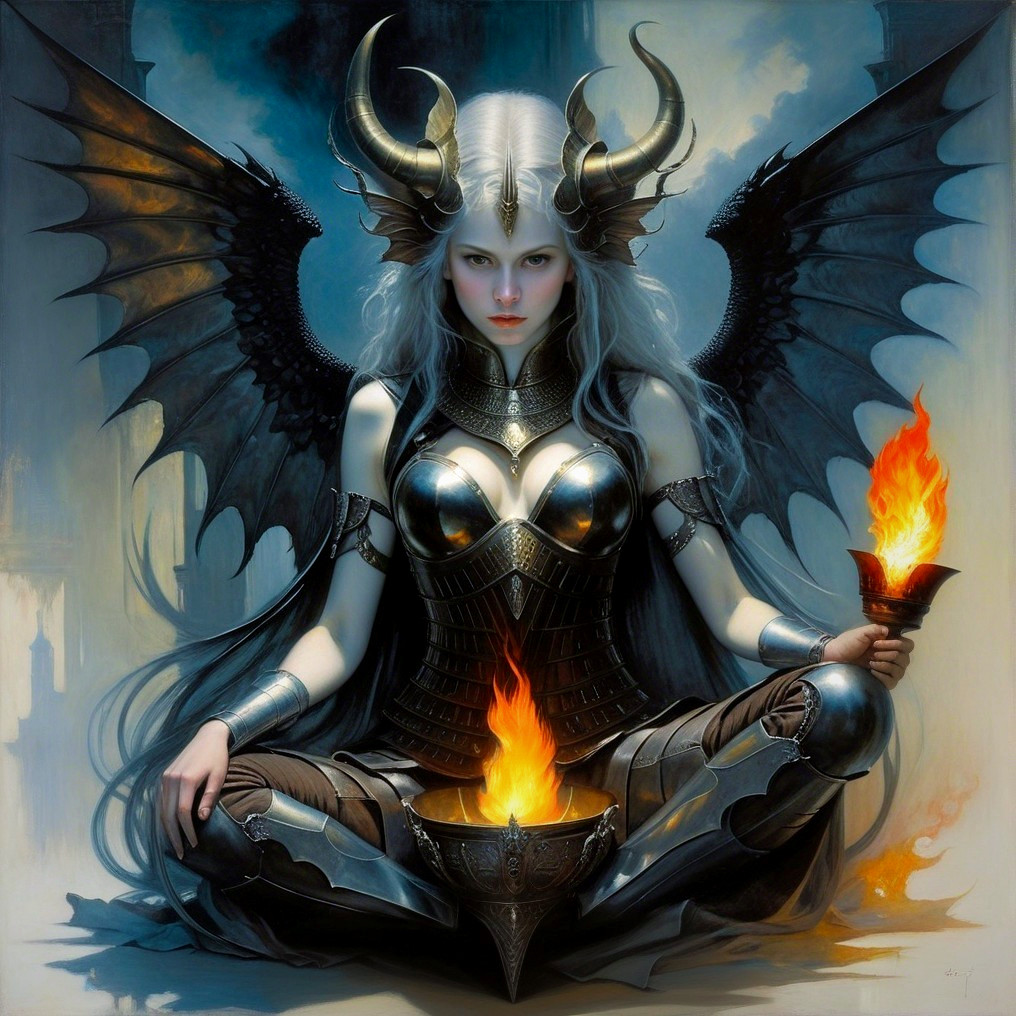 Meditative Figure in Ornate Armor with Flames