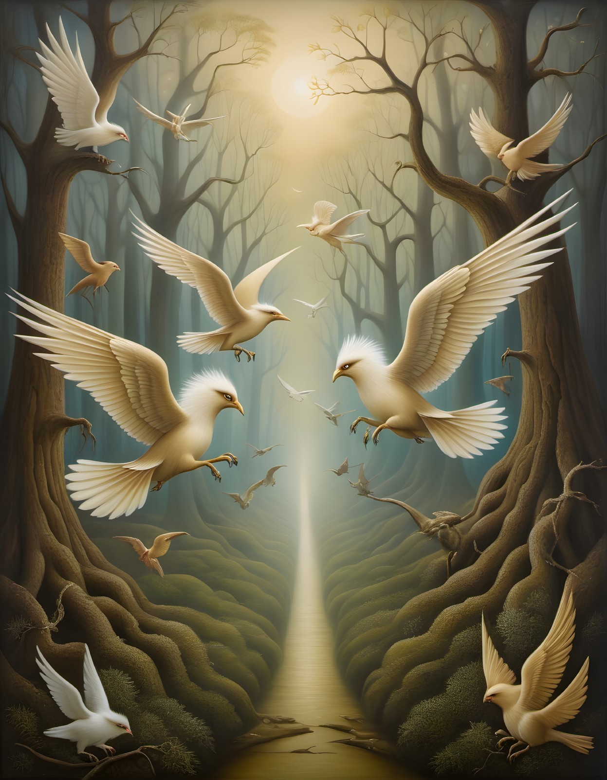 Sunlit forest path with doves in flight among towering trees