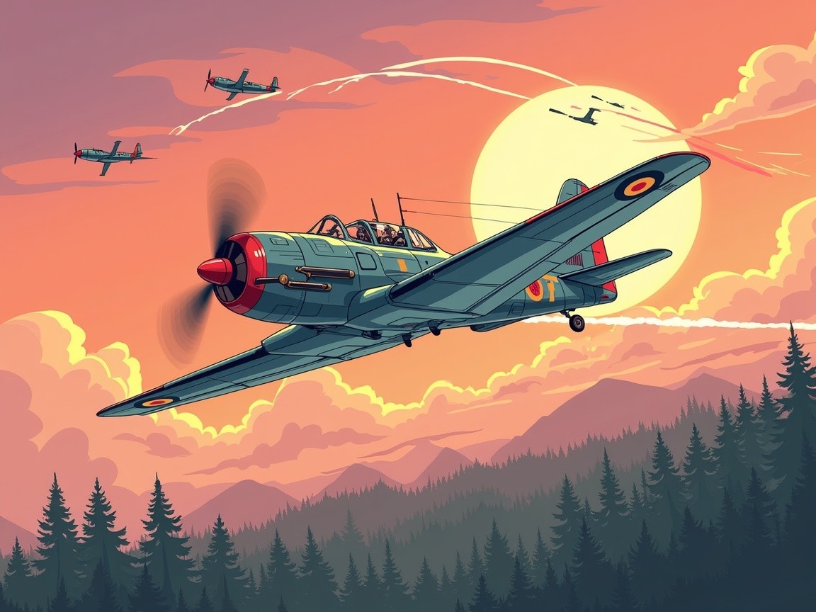 Vintage Aircraft in Colorful Sunset Sky Over Landscape